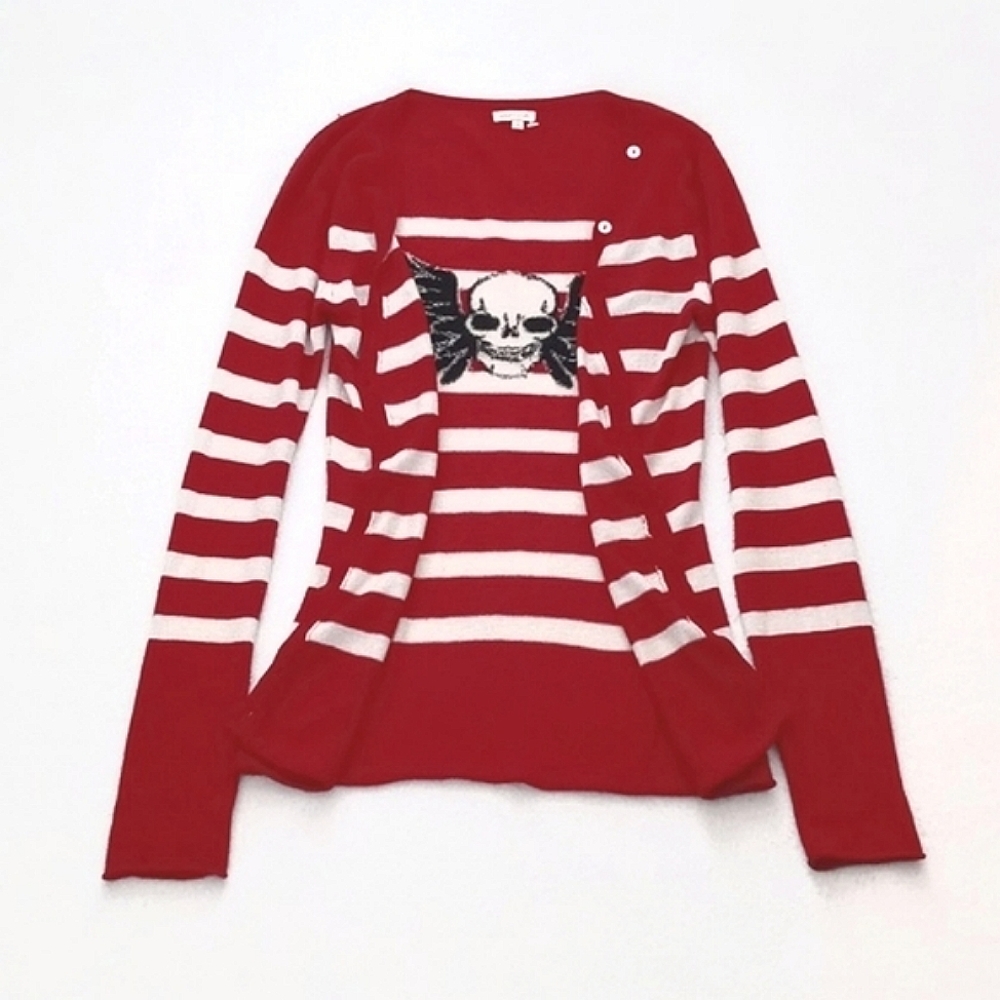 *Relisted* Cashmere & Silk Red White Stripe Long Sleeve Cardigan Skull on Back S - Picture 3 of 14